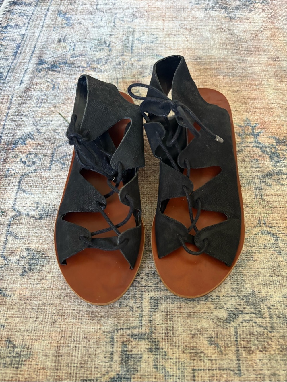 Lucky Brand Black Lace-Up Leather Cutout Flat Sandals with Brown Footbed